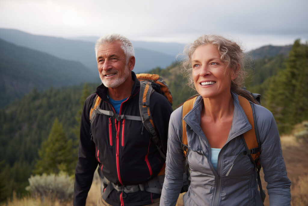close up of an active older couple hiking mountain trail together