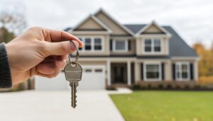 new homeowner holding key in front of their dream house with blurred background and copy space