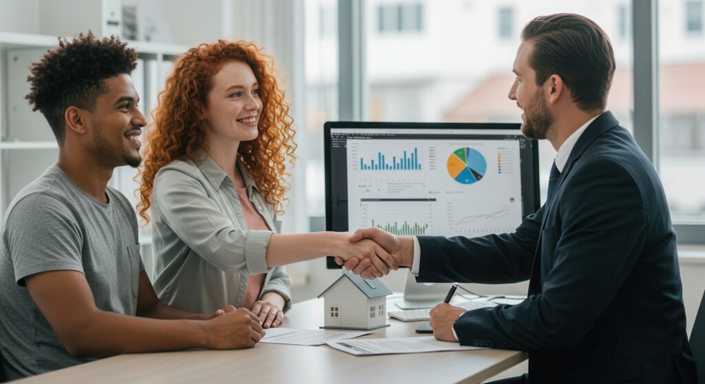 couple handshake mortgage officer worker, accept bank loan terms and rates feel satisfied. make financial deal, take credit, buying insurance cover, receive professional consult, sign contract concept