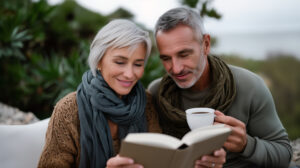 Jumbo & Luxury Loans happy senior couple sitting outdoors, man showing a page in a book while woman holds a cup of coffee, both smiling, concept of love, companionship, and lifelong learning. senior co
