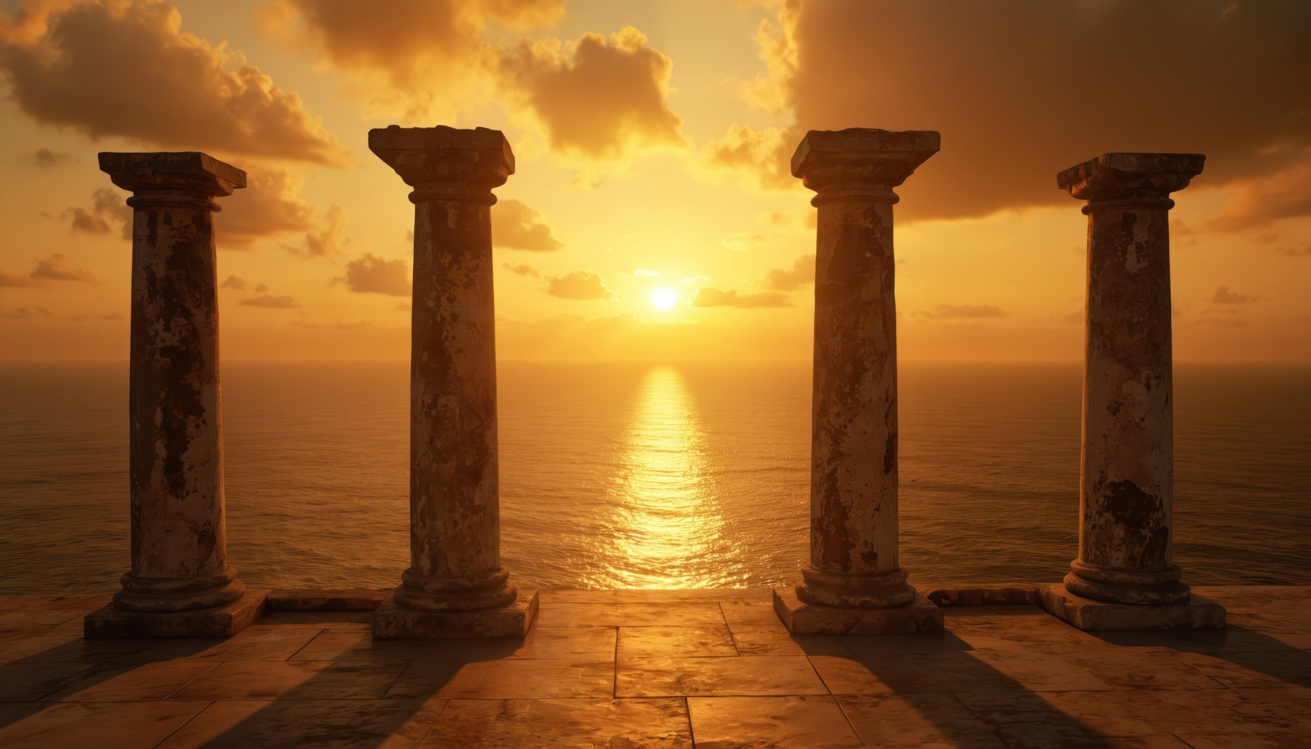 seascape sunset view of four stone pillars, serene ocean background. perfect for meditation or travel. golden sunlight on water. peaceful coastal landscape. evening sky. calmness serenity.